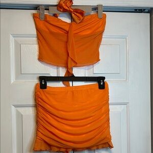 SHEIN Bold Orange Pencil Skirt, strapless top and bow tie. Halloween Costume